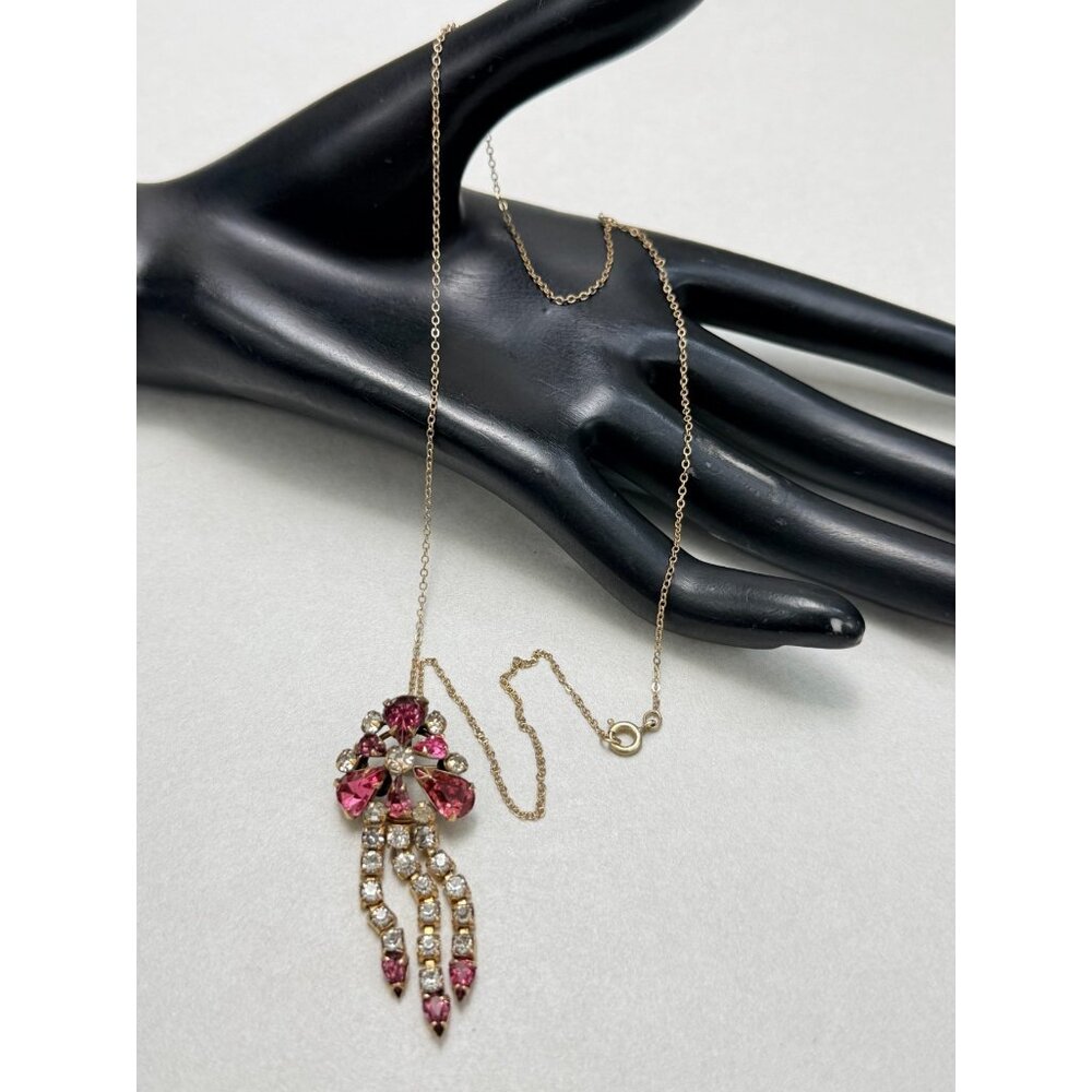 Vintage Gold Filled Rhinestone Dangle Pendant Brooch Convertible Pink Clear